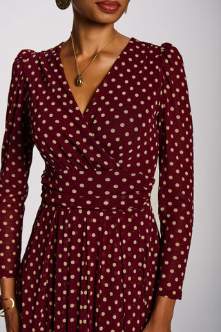Long Sleeve Print Mesh Maxi Dress, Burgundy Spot
