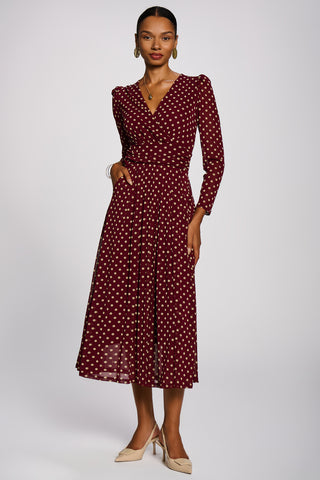 Long Sleeve Print Mesh Maxi Dress, Burgundy Spot