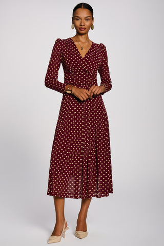 Long Sleeve Print Mesh Maxi Dress, Burgundy Spot