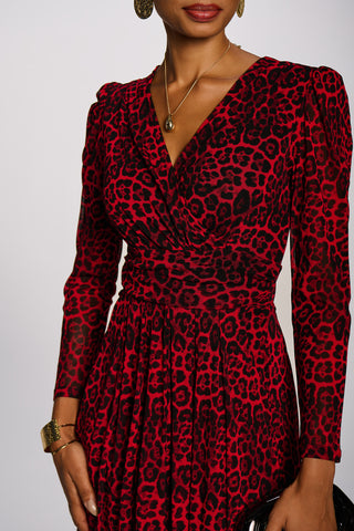 Long Sleeve Print Mesh Maxi Dress, Red Animal
