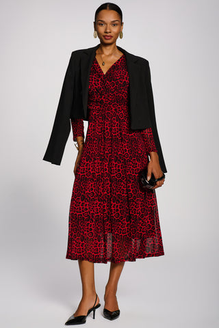 Long Sleeve Print Mesh Maxi Dress, Red Animal