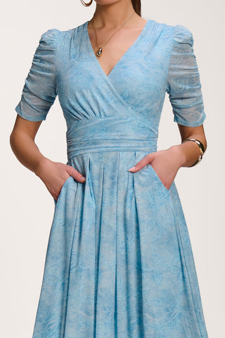 Printed Mesh Dip Hem Maxi Dress, Blue Abstract