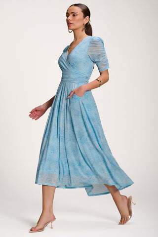 Printed Mesh Dip Hem Maxi Dress, Blue Abstract
