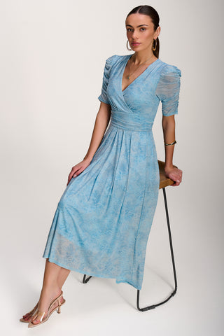 Printed Mesh Dip Hem Maxi Dress, Blue Abstract