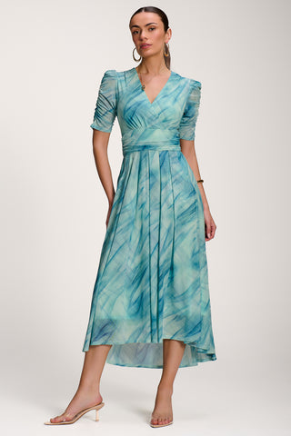 Printed Mesh Dip Hem Maxi Dress, Green Abstract