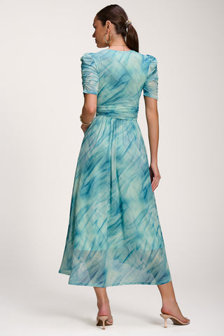 Printed Mesh Dip Hem Maxi Dress, Green Abstract