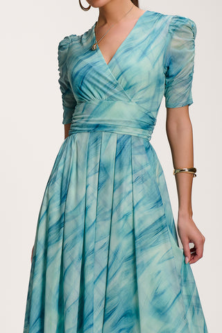 Printed Mesh Dip Hem Maxi Dress, Green Abstract
