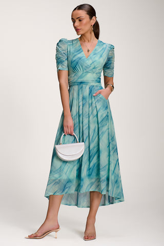 Printed Mesh Dip Hem Maxi Dress, Green Abstract
