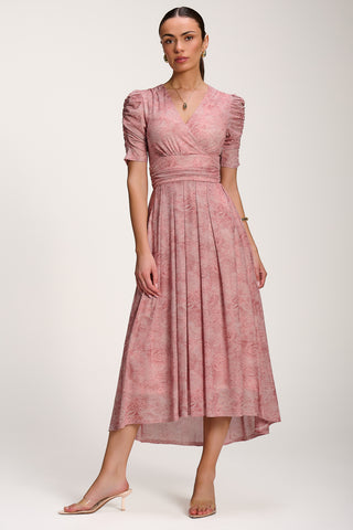Printed Mesh Dip Hem Maxi Dress, Pink Abstract