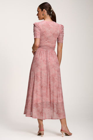 Printed Mesh Dip Hem Maxi Dress, Pink Abstract