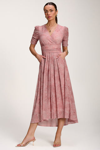 Printed Mesh Dip Hem Maxi Dress, Pink Abstract