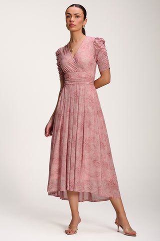 Printed Mesh Dip Hem Maxi Dress, Pink Abstract