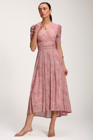 Printed Mesh Dip Hem Maxi Dress, Pink Abstract