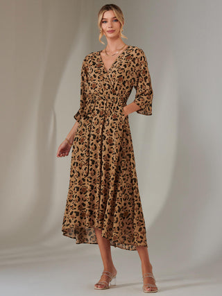 Gold Spot Printed Chiffon Maxi Dress, Brown Leopard