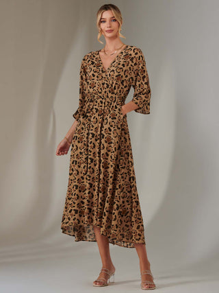 Chiffon Gold Spot Patterned Midaxi Dress, Brown Leopard