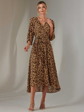 Chiffon Gold Spot Patterned Midaxi Dress, Brown Leopard