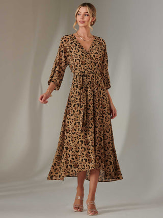 Chiffon Gold Spot Patterned Midaxi Dress, Brown Leopard