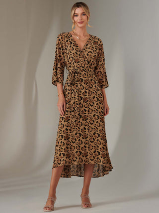 Chiffon Gold Spot Patterned Midaxi Dress, Brown Leopard