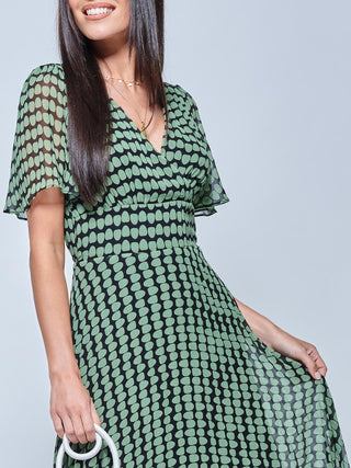 V Neck Pleated Chiffon Maxi Dress, Green Geometric