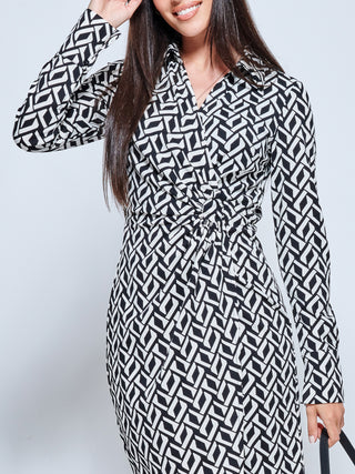 Long Sleeved Buckle Detail Shirt Dress, Black Geo