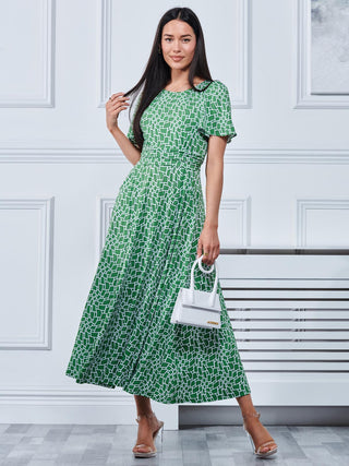 Boat Neck Angel Sleeve Maxi Dress, Green Geo Jolie Moi Retail Boat Neck Angel Sleeve Maxi Dress, Green Geo Jolie Moi Retail