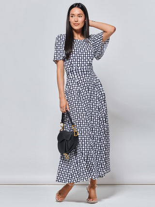 Boat Neck Angel Sleeve Maxi Dress, Navy Geo