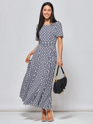 Boat Neck Angel Sleeve Maxi Dress, Navy Geo