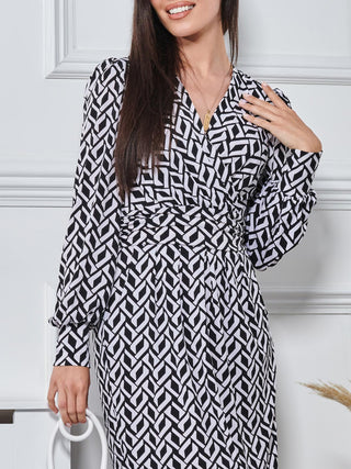 Print Long Sleeve Pegged Dress, Black Geo