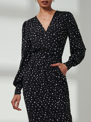 Gwen Print Long Sleeve Pegged Dress, Black Spot