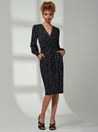 Gwen Print Long Sleeve Pegged Dress, Black Spot