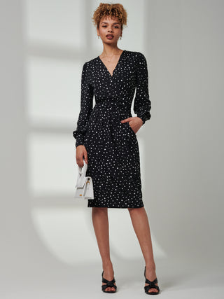 Gwen Print Long Sleeve Pegged Dress, Black Spot