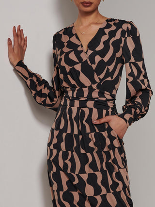 Gwen Print Long Sleeve Pegged Dress, Brown Pattern