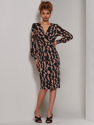 Gwen Print Long Sleeve Pegged Dress, Brown Pattern