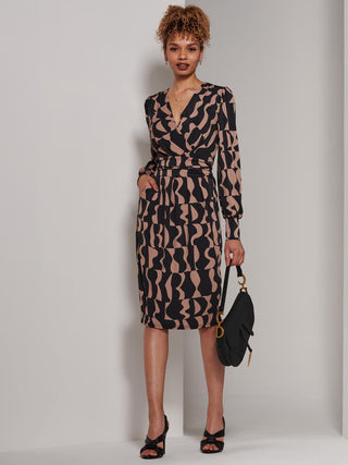 Gwen Print Long Sleeve Pegged Dress, Brown Pattern