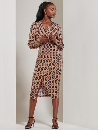 Print Long Sleeve Jersey Pencil Dress, Black Geo