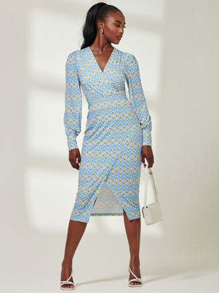 Print Long Sleeve Jersey Pencil Dress, Blue Geo