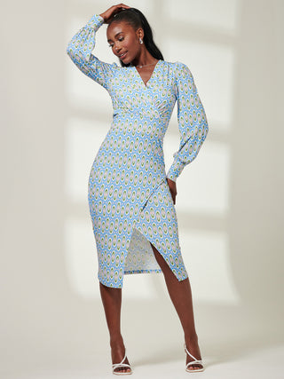 Print Long Sleeve Jersey Pencil Dress, Blue Geo