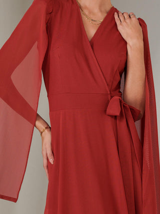 Amira Cape Sleeve Wrapped Maxi Dress, Brick Red