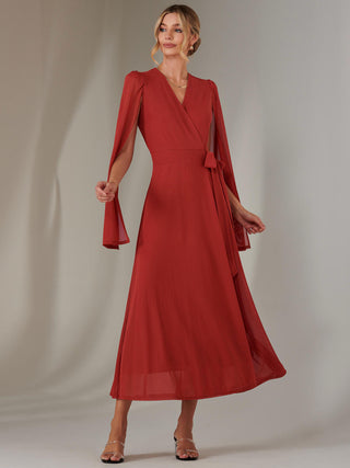 Amira Cape Sleeve Wrapped Maxi Dress, Brick Red