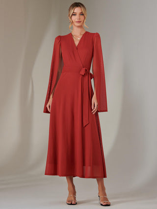 Amira Cape Sleeve Wrapped Maxi Dress, Brick Red