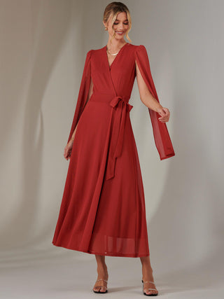 Amira Cape Sleeve Wrapped Maxi Dress, Brick Red