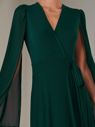 Amira Cape Sleeve Wrapped Maxi Dress, Dark Green