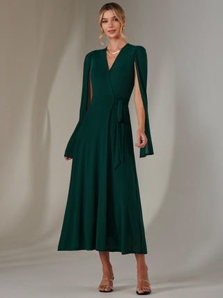 Amira Cape Sleeve Wrapped Maxi Dress, Dark Green