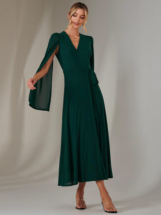 Amira Cape Sleeve Wrapped Maxi Dress, Dark Green