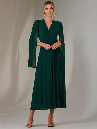 Amira Cape Sleeve Wrapped Maxi Dress, Dark Green