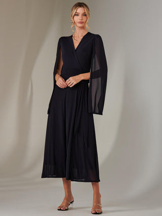 Amira Cape Sleeve Wrapped Maxi Dress, Navy