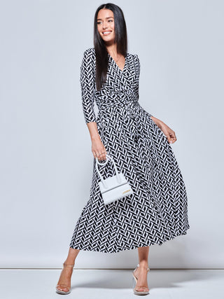 Geometric Print Long Sleeve Maxi Dress, Black Geo Jolie Moi Retail Geometric Print Long Sleeve Maxi Dress, Black Geo Jolie Moi Retail