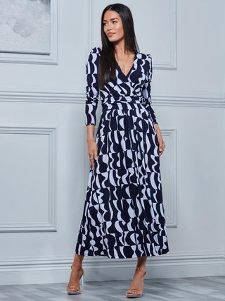 Geometric Print Long Sleeve Maxi Dress, Navy Geo Jolie Moi Retail Geometric Print Long Sleeve Maxi Dress, Navy Geo Jolie Moi Retail