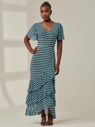 Geo Print Tiered Maxi Dress, Blue Geo