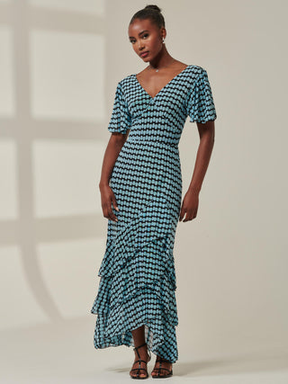 Geo Print Tiered Maxi Dress, Blue Geo